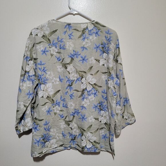 Liz Claiborne Floral Blouse - Blue and White All Linen - Picture 2 of 6